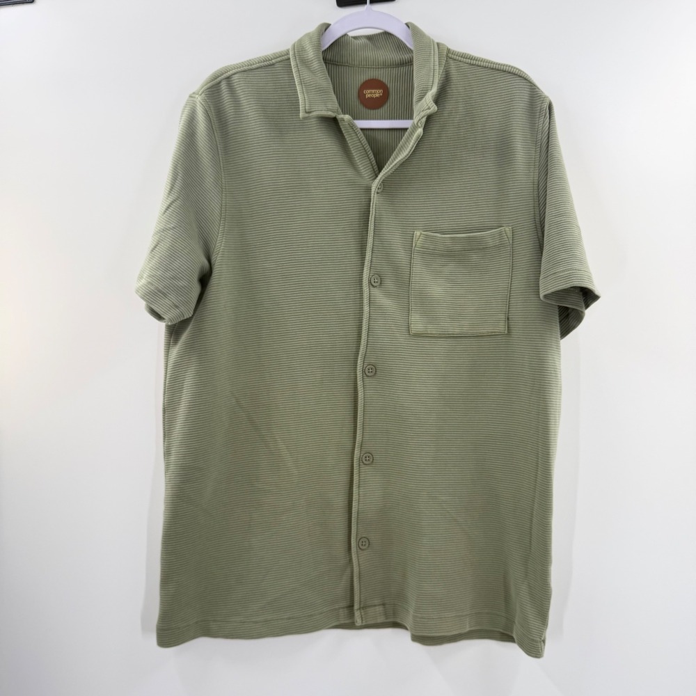 Common People Mens Ribbed Short Sleeve Button Up Shirt Sage Green Large